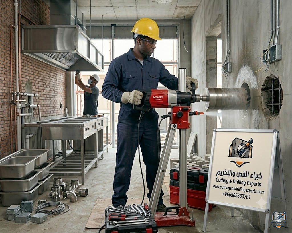 فتح كور حي المنار بجدة باستخدام الكور الماسي لعمل فتحات المكيفات والسباكة والكهرباء والتهوية بدقة عالية وبدون تكسير